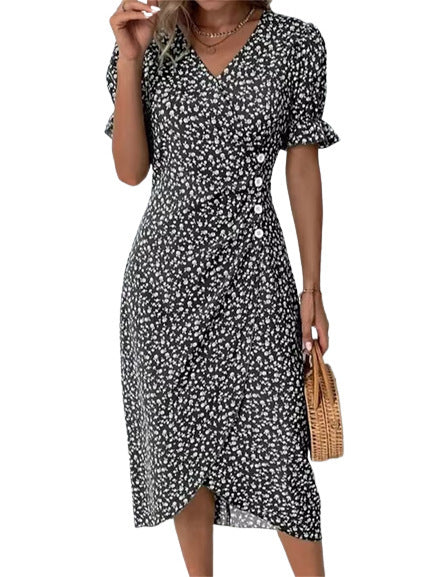 New V-neck Printed Button Irregular Hem Dress