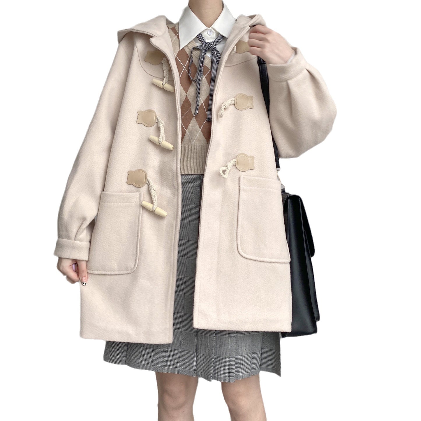 Mid-length Hooded Woolen Coat Women