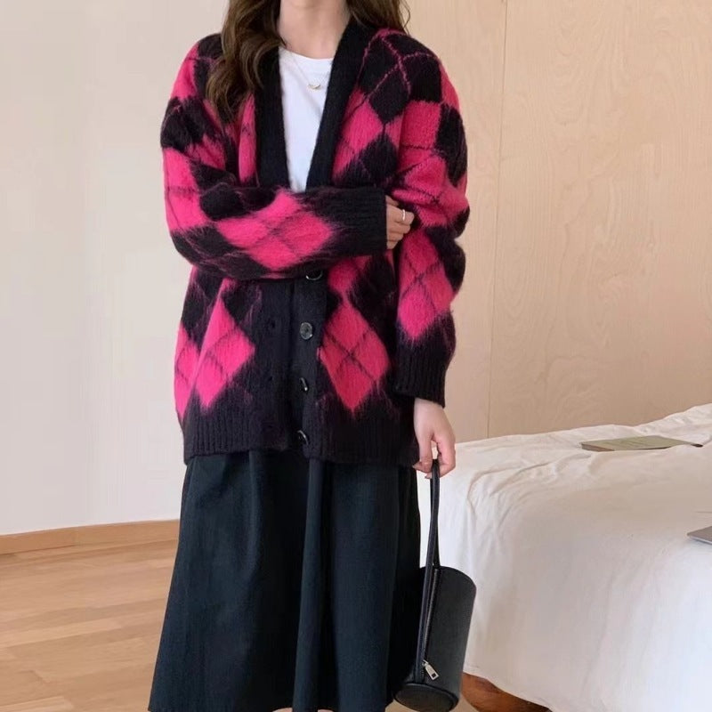 Plaid Knitted Cardigan Coat For Women