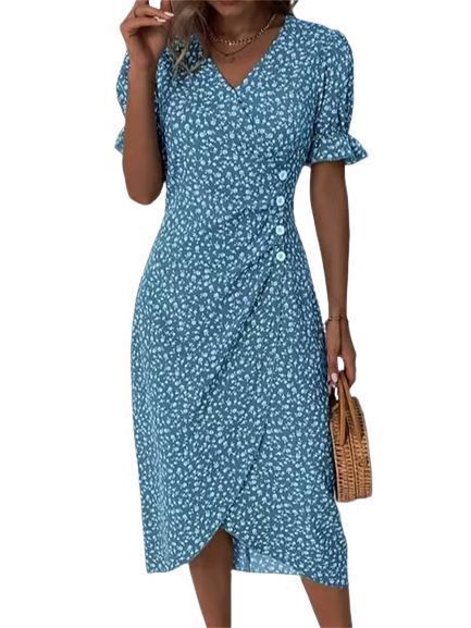 New V-neck Printed Button Irregular Hem Dress