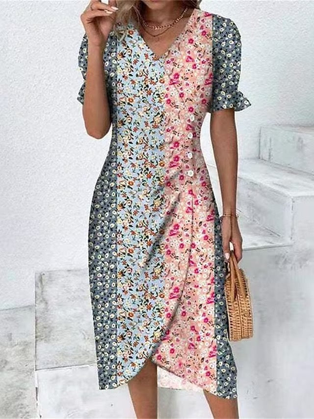 New V-neck Printed Button Irregular Hem Dress