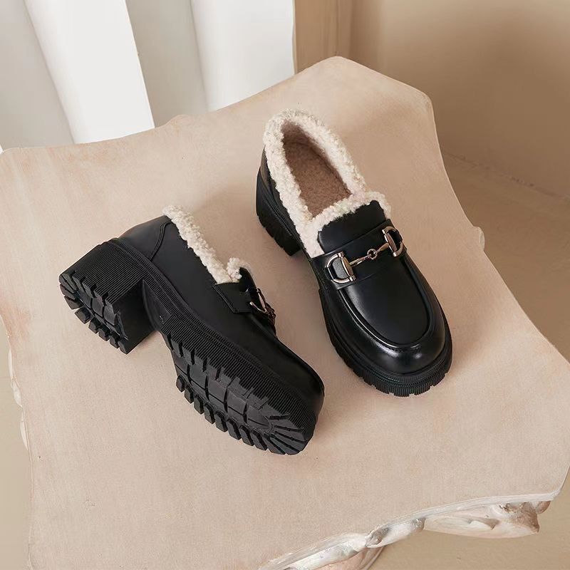 Fleece-lined Women's Shoes Platform Leather Shoes