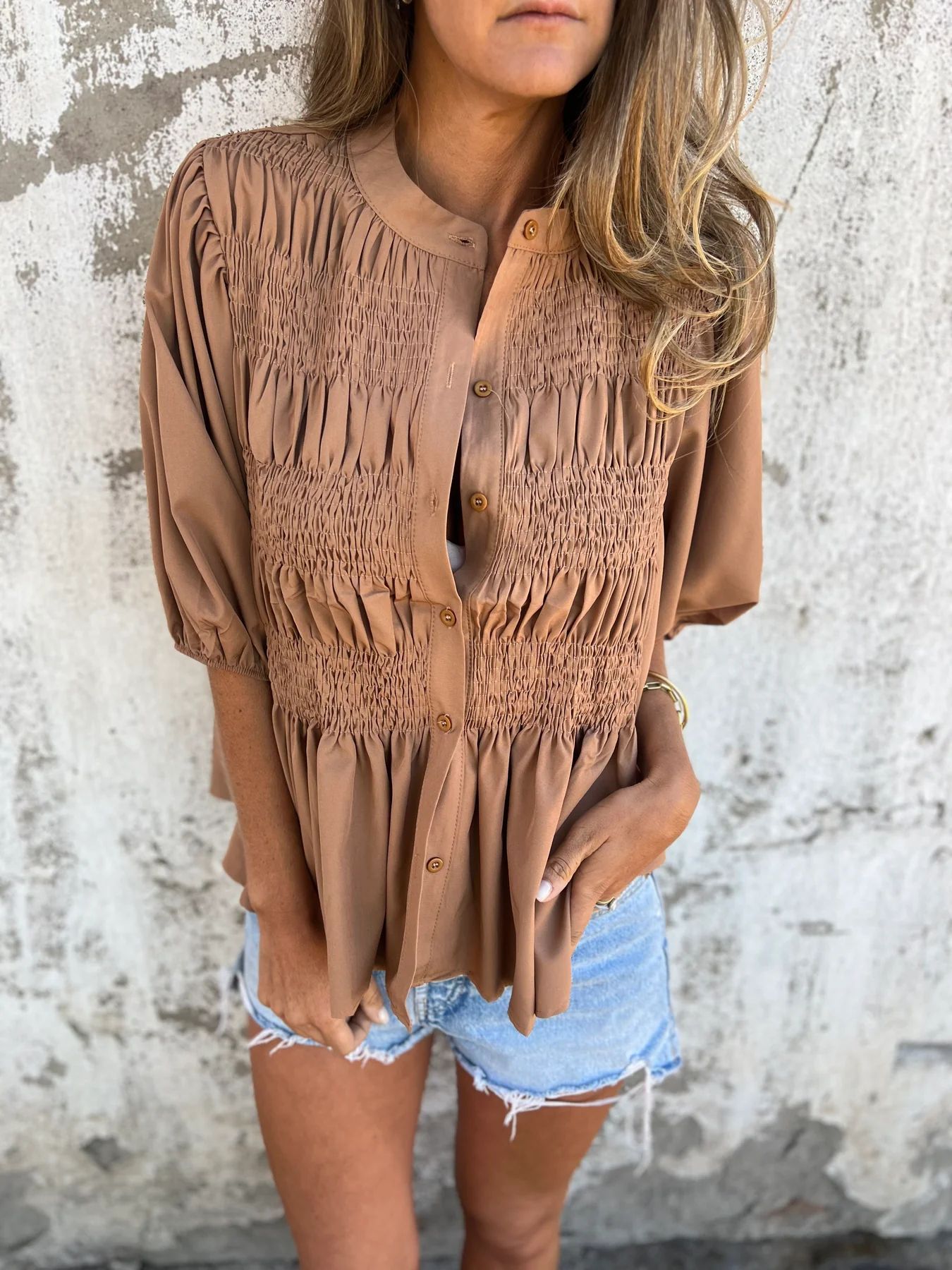 Pleated Button Short-sleeved T-shirt Casual Fashion Loose Solid Color Round Neck Shirt Summer Tops Women's Clothing