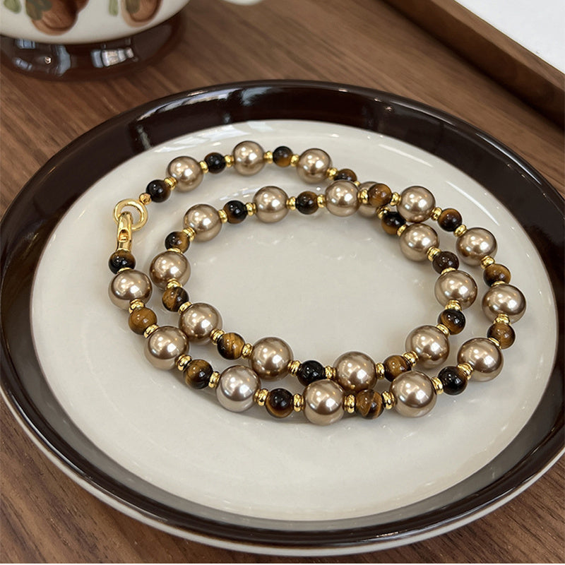 Brown Tiger Eye Pearl Necklace Autumn And Winter Light Luxury Niche Sweater Chain Women Fashion Jewelry