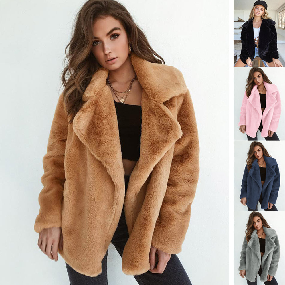 Sexy Plush Lapel Woolen Coat Women