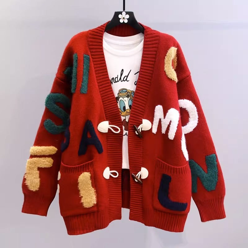 Horn Button Letter Sweater Coat For Women