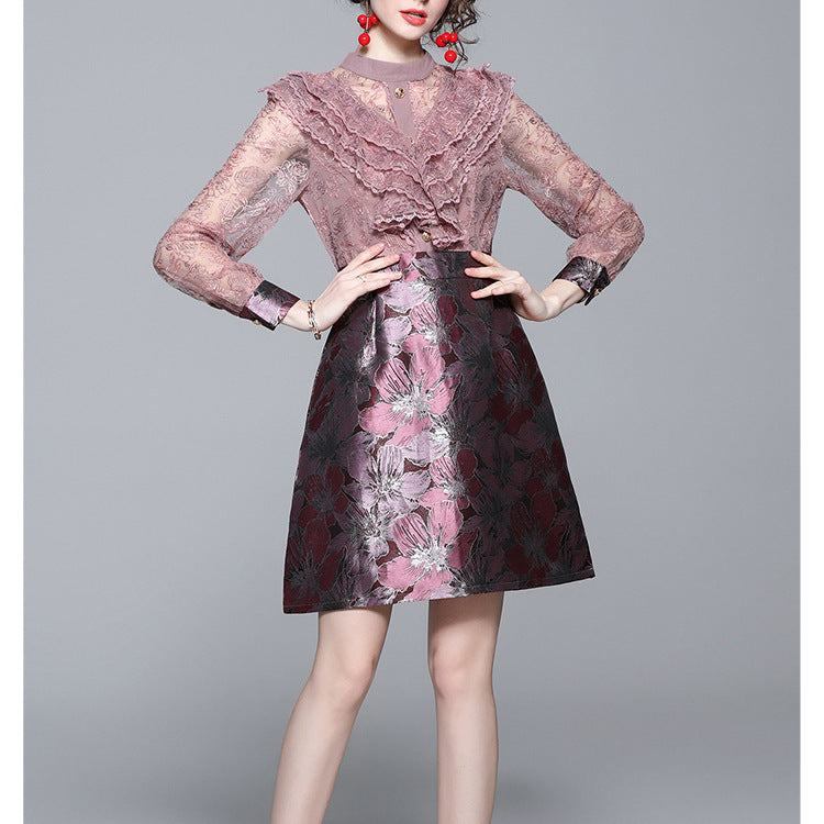 Embroidered Lace Patchwork Long Sleeve Dress Slim A-Line Skirt