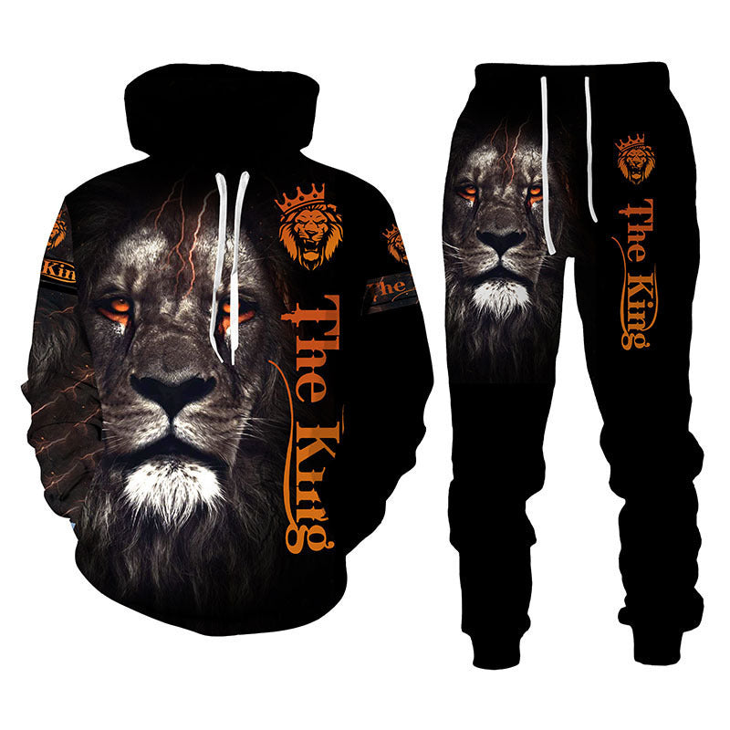 Lion Print Men Hooded Sweatshirt Set