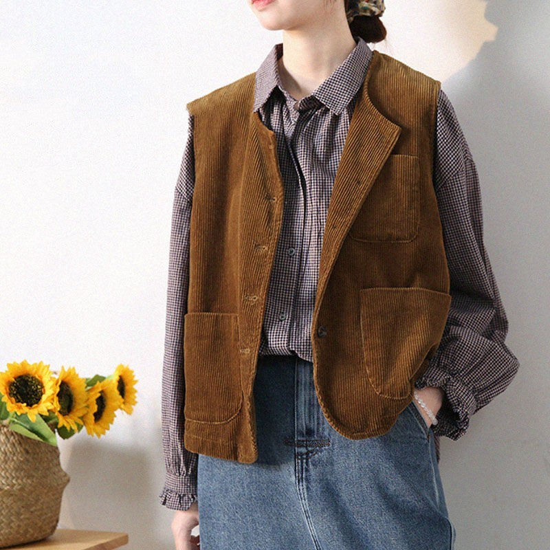 Retro Elegant Corduroy Vest Coat Women