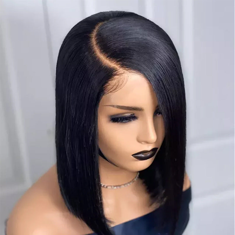 Wig Female Split Front Lace Wig Black Short Straight Hair Synthetic Wigs