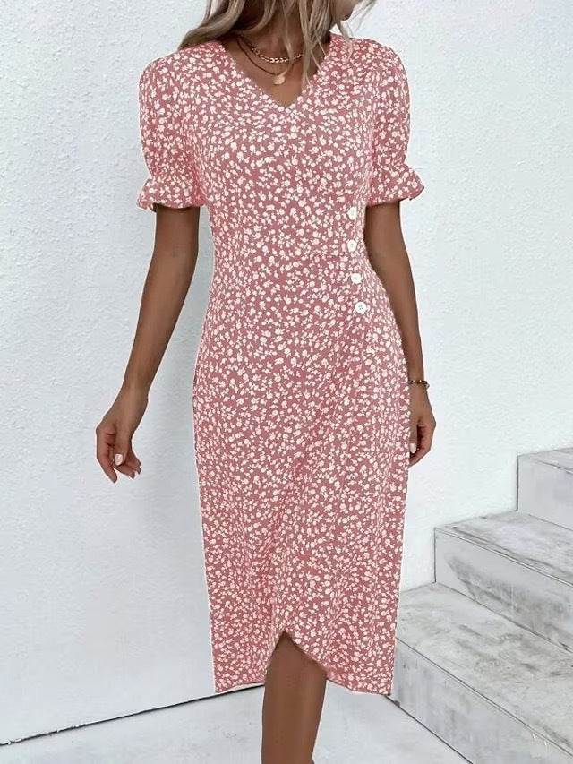 New V-neck Printed Button Irregular Hem Dress