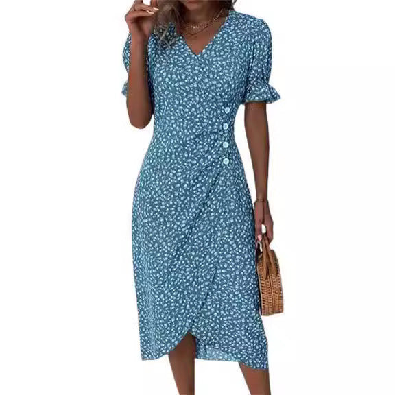 New V-neck Printed Button Irregular Hem Dress