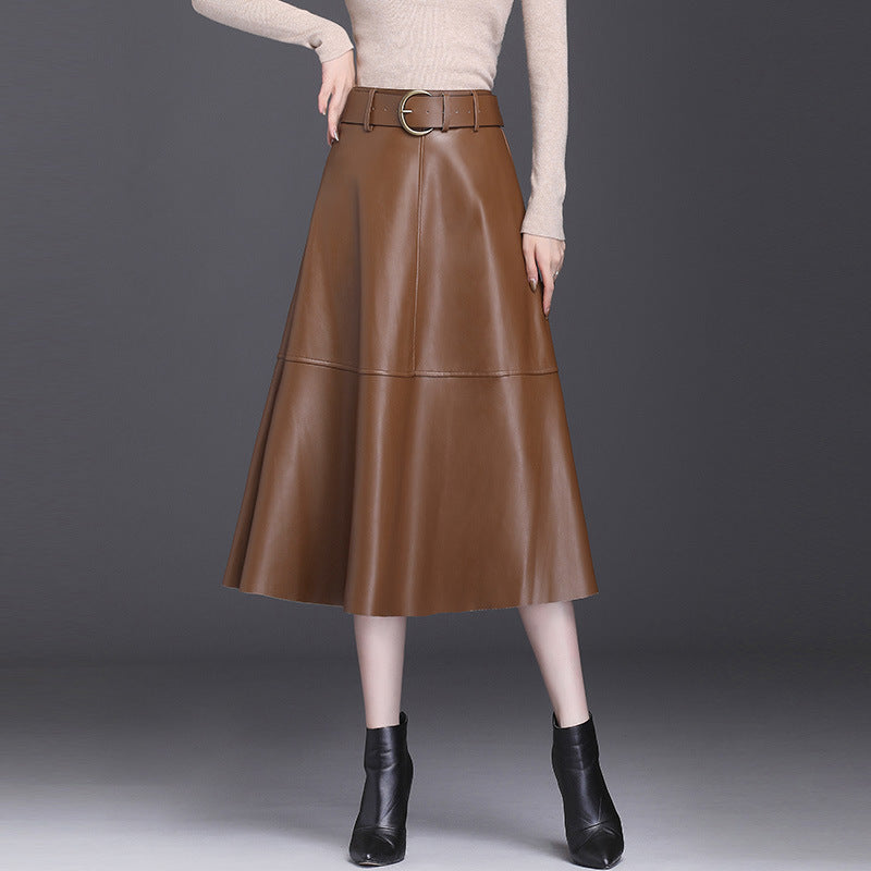 Leather Skirt Female A- Line High Waist Pleated Umbrella Skirt